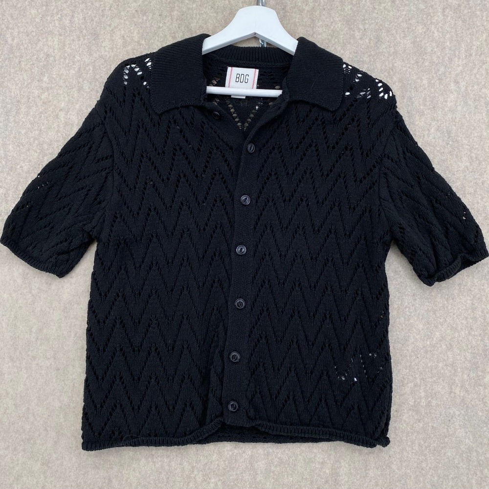 BDG Black Pointelle Chevron Knit Short Sleeve Button Down Polo Shirt Small
